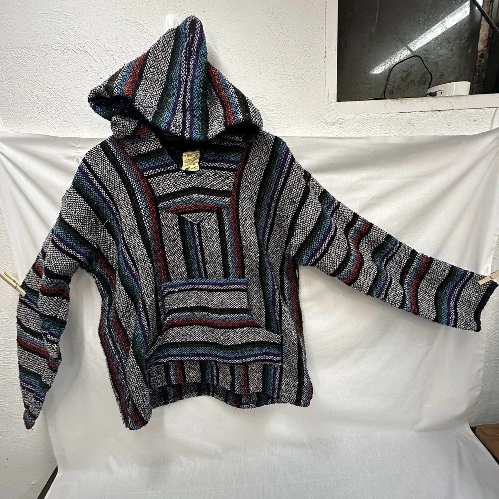 Vintage Franks Textiles Multicolor Striped Baja Hoodie Hippie Poncho Med Sweater - Picture 3 of 11